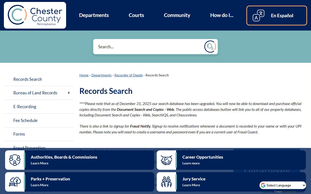 Chester County Records Search portal for property records in West Chester PA
