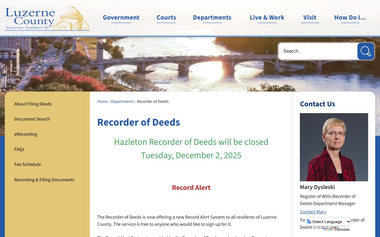 Luzerne County Recorder of Deeds office in Wilkes-Barre for property records